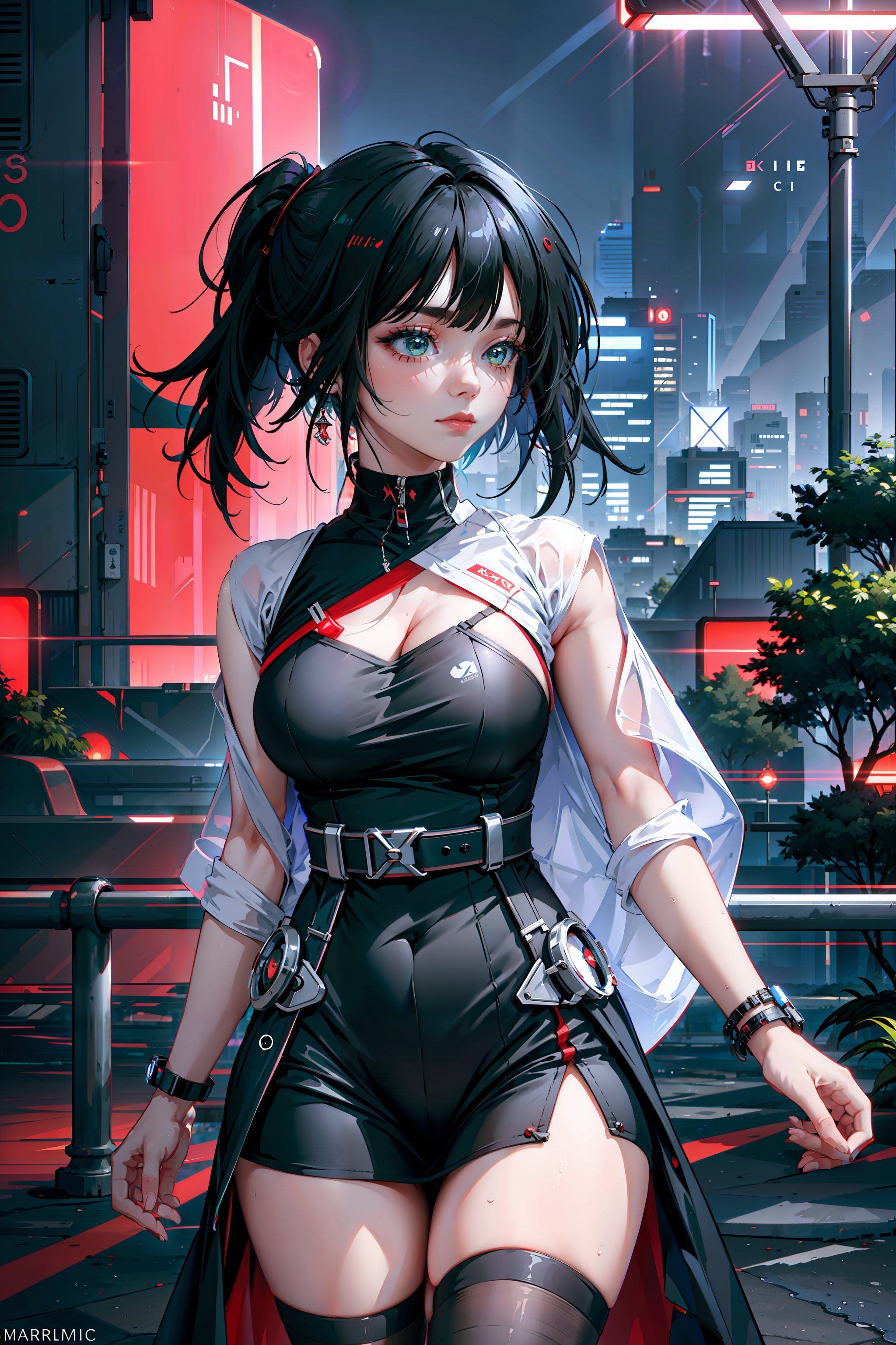 (high quality:1.4), 8k, portrait, colour splash, (cinematic illumination:1.2), sharp focus, in the city, cityscape, lake, red lights, park, abigail, black dress, thighhighs, bracelet, expressionless, looking away <lora:AbigailERLora-05:0.7> <lora:GoodHands-beta2:1>