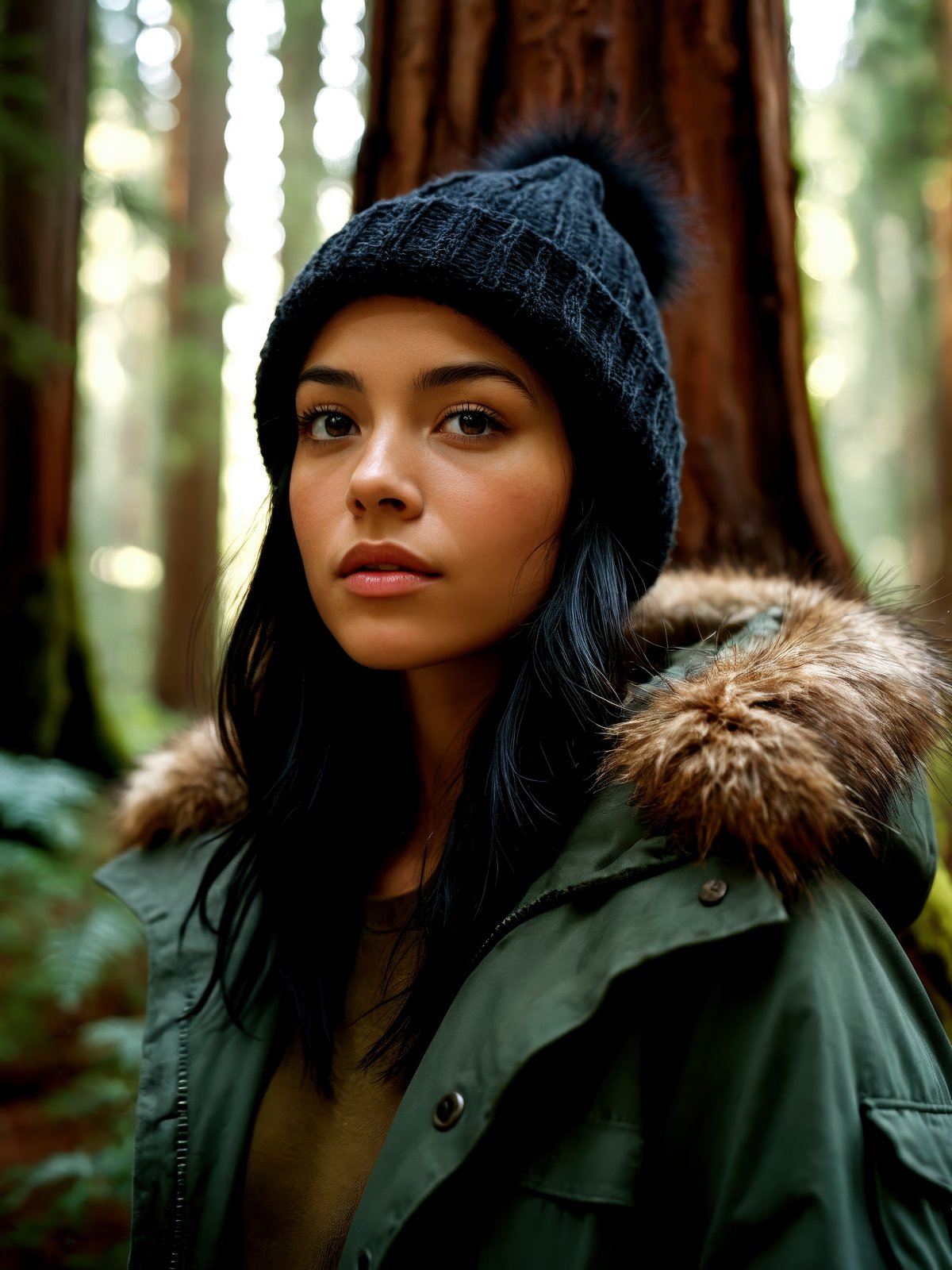 photograph of a woman, (sympathetic facial expression), textured skin, goosebumps, jet black half-up half-down hair, faux fur-lined parka with skinny jeans and beanie, group profile, towering ancient redwood trees creating a sense of wonder and awe, perfect eyes, ((hard lighting:1.4)), Velvia 100 color, shot on Cinestill 800T, bokeh, sharp focus on subject, shot by Manuela Marques