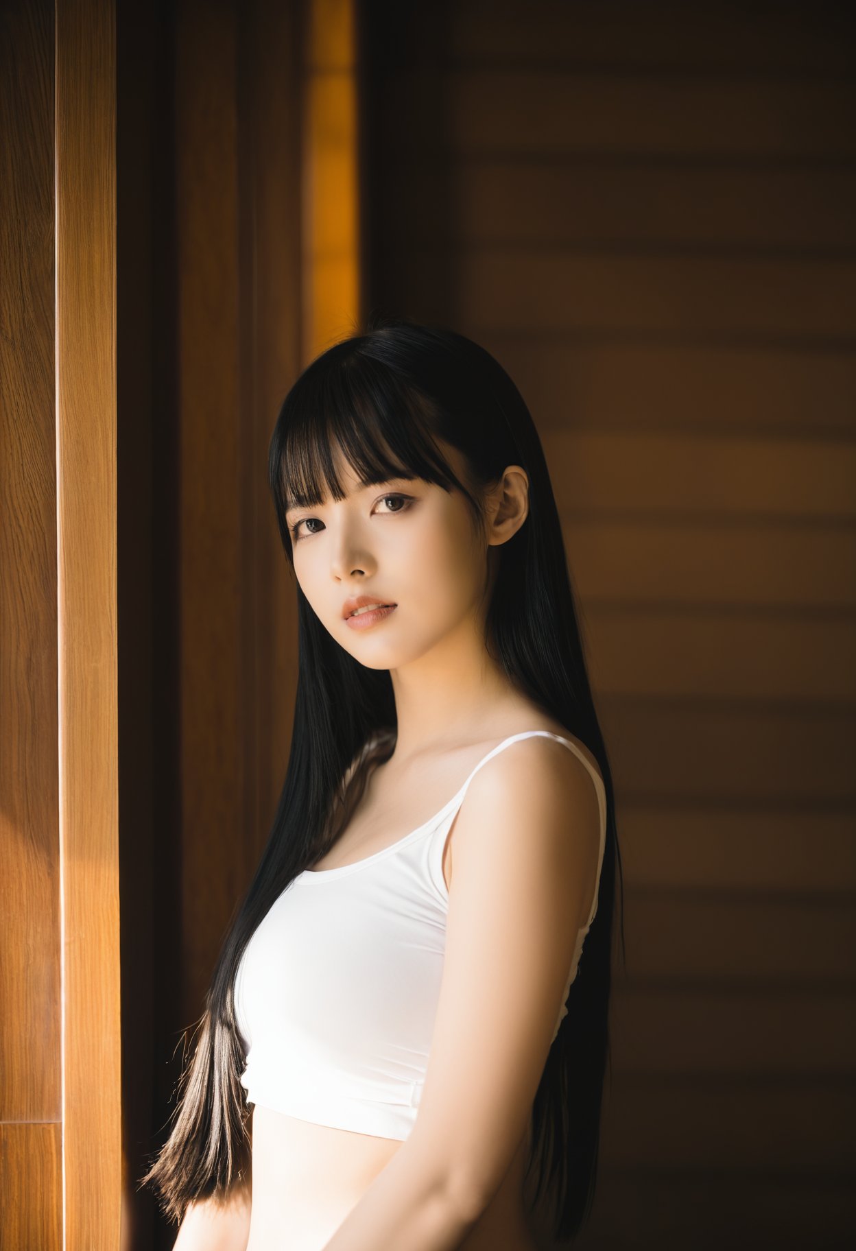 a young woman with long, straight black hair. She has bangs that cover her forehead and is looking to her side. The woman is wearing a white top, and her upper body is visible. The lighting in the image is soft, casting a gentle glow on her face and hair. The background appears to be a wooden interior, possibly a room with wooden walls and a window.