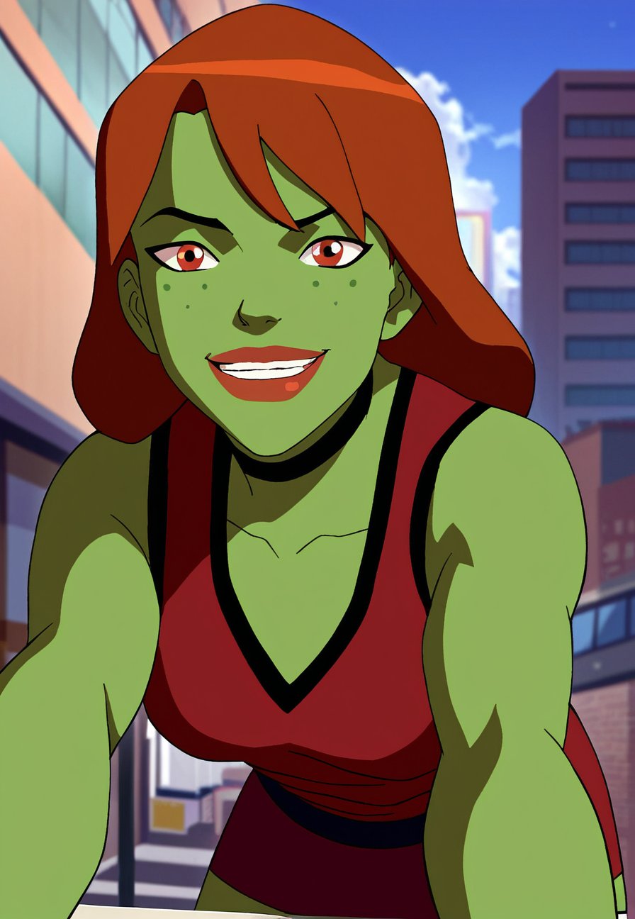 score_9_up, score_8_up, score_7_up, <lora:Young_justice_girls_PDXL_by_paprikalem:0.9>, dc comics, young justice style, flat colors, 1girl, miss martian, red eyes, freckles, lipstick, ginger hair, long hair, colored skin, green skin BREAK (red jacket, tank top, red skirt), leaning forward, smug, pov, close up, outdoors, city, best quality, high quality