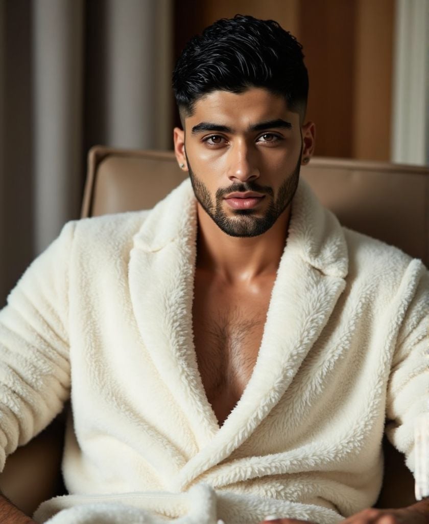 Zayn Malik ,  high-resolutiuon photograph,  wearing fitted fluffy white bathrobe. He is sitting on a chair in the spa area...