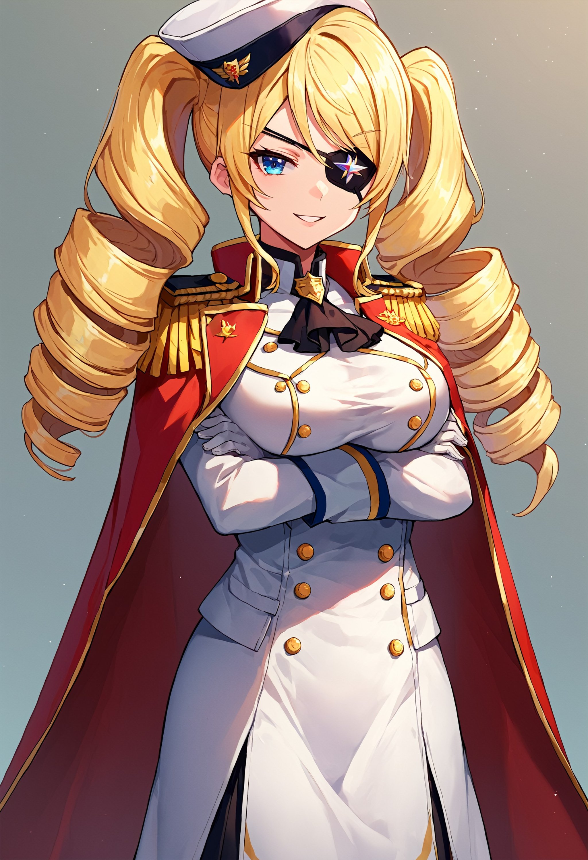 score_9, score_8_up, score_7_up, BREAK  blonde hair, white dress, cape, blue eyes, uniform, drill hair, twintails, standing, long hair, white gloves, gloves, ascot, large breasts, epaulettes, parted lips, smile, crossed arms, twin drills, hat, military, eyepatch, dress