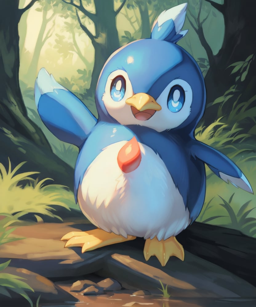 <lora:Pengullet_Palworld_v1.0_:1> (palpengullet:1.2), solo, forest, happy, open mouth, blue eyes, beak, by hioshiru, by wkar