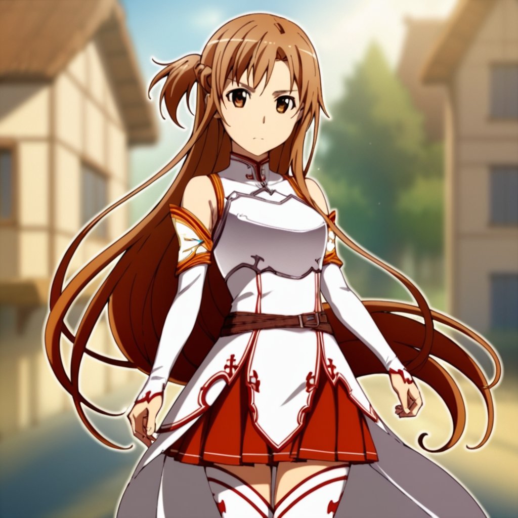 score_9, score_8_up, score_7_up, score_6_up, score_5_up, score_4_up, source_anime, yuuki asuna, 1girl, long hair, solo, brown hair, thighhighs, brown eyes, breastplate, armor, skirt,white thighhighs, looking at viewer,  very long hair, pleated skirt, red skirt,detached sleeves, zettai ryouiki, outdoors, masterpiece, best quality, town,<lora:yuuki asuna auti 923:0.8>