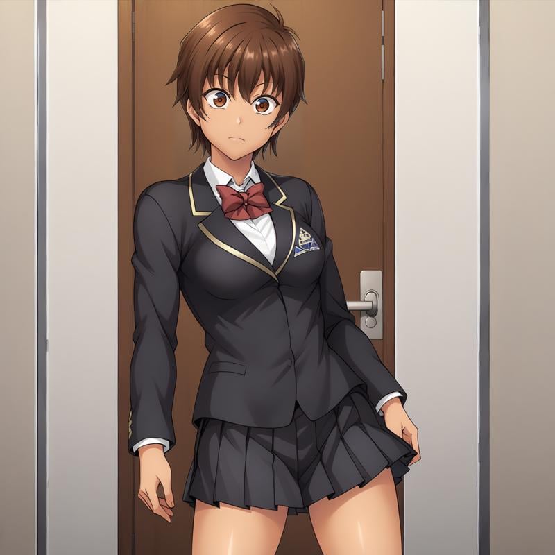 <lora:NagisaFujimaXLpony001>,solo,NagisaFujima,1girl,brown hair,short hair,brown eyes,tan,school_uniform,black blazer,red bowtie,pleated_skirt,black skirt,black socks,