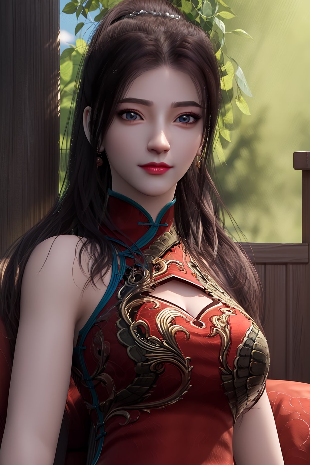 3D,masterpiece,(best quality),(makeup),official art, extremely detailed cg 8k wallpaper,((crystalstexture skin)), (extremely delicate and beautiful),(highly detailed),(1girl), (solo), (jewelry), (earrings),brown_hair,(long_hair),(hair_ornament),(handwear),(breasts),,,(upper_body),cheongsam,Hanfu,(closed_mouth)(sunshine, outdoor,sofa),((looking_at_viewer)),((Facing the camera)),, <lora:hipoly3DModelLora_v10:0.3>