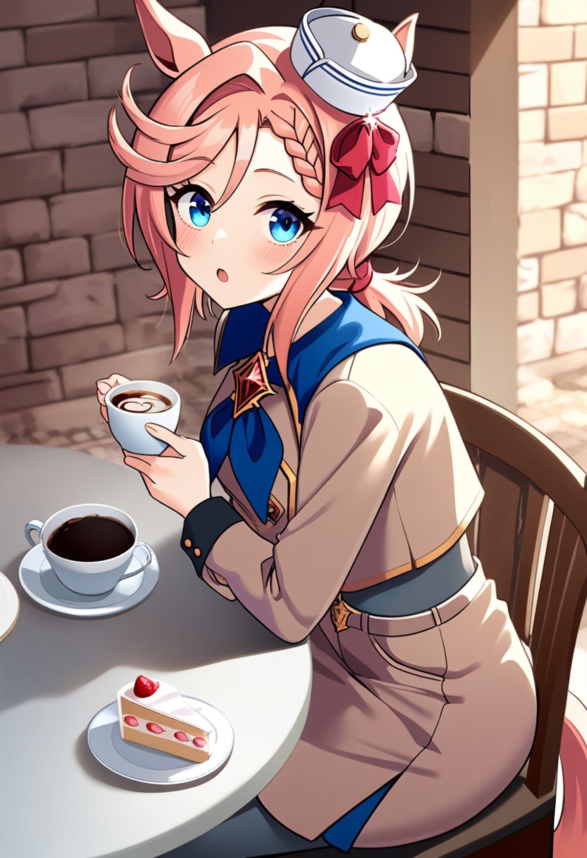 venus park \(umamusume\), brick wall, blush, food, long sleeves, low twintails, open mouth, sitting, coffee, table, military hat, plate, dixie cup hat, ears through headwear, bow, mini hat, blue neckerchief, cake slice, short twintails, shirt, braid, solo, teacup, holding cup, brown coat, white headwear, looking at viewer, masterpiece, best quality, very aesthetic, absurdres<lora:UmaDiffusionXL_UAF-000010:0.7>