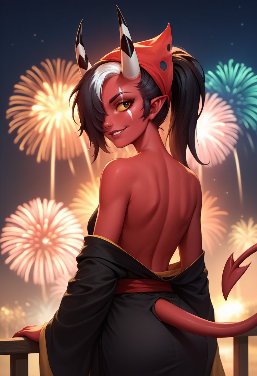 score_9, score_8_up, score_7_up, source_cartoon, from behind, solo, 1girl, salliemay, red skin, smile, looking back, hair over one eye, ponytail, red bandana, demon horns, striped horns, yellow sclera, black kimono, off shoulder, demon tail, bare shoulders, fireworks <lora:helluvaboss_salliemay_ponyXL:1>