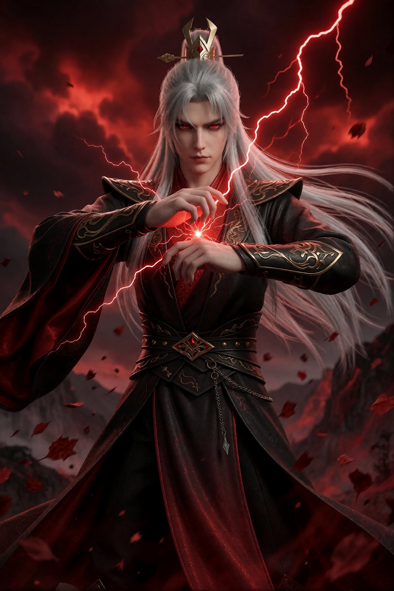 夜烬渊,  银发赤瞳男子身着黑红长袍,  双手结印于胸前 by 天海TianHai on Tensor.Art