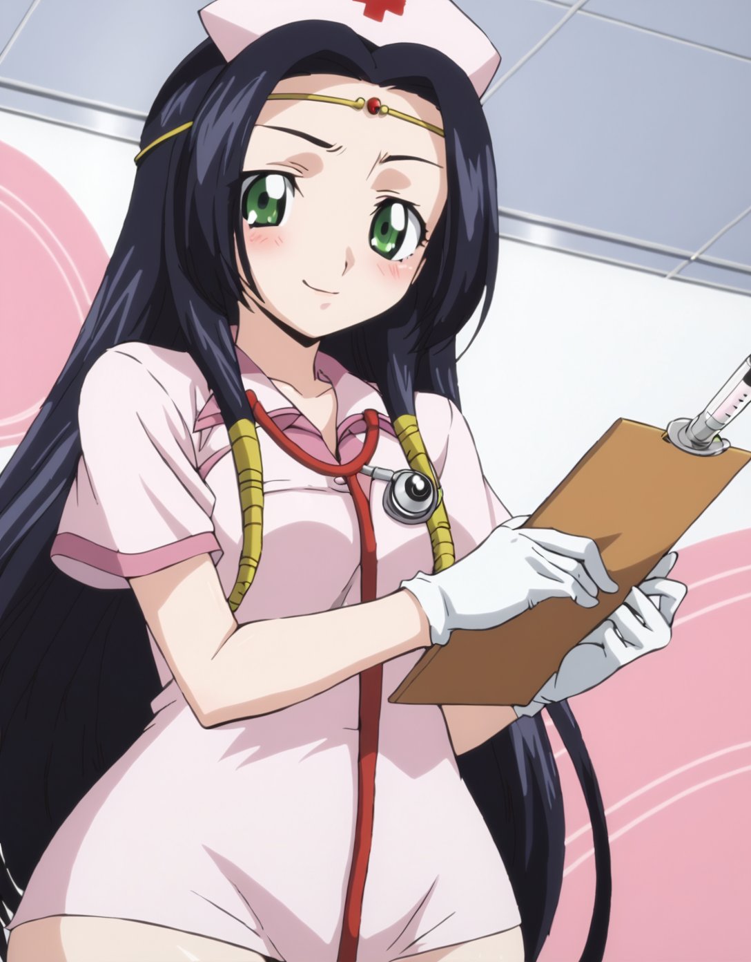 score 9, score 8 up, score 7 up, rating questionable,detailed background,<lora:kaguya.pony:1>,kaguya, wide hips, shiny skin, blush, smirk, nurse costume, holding syringe, stethoscope, holding clipboard, 