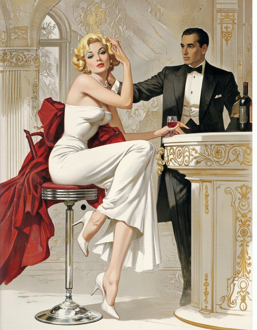 RobGin style. A vintage illustration from the 1950s featuring a glamorous woman in a white strapless dress,  sitting on a...