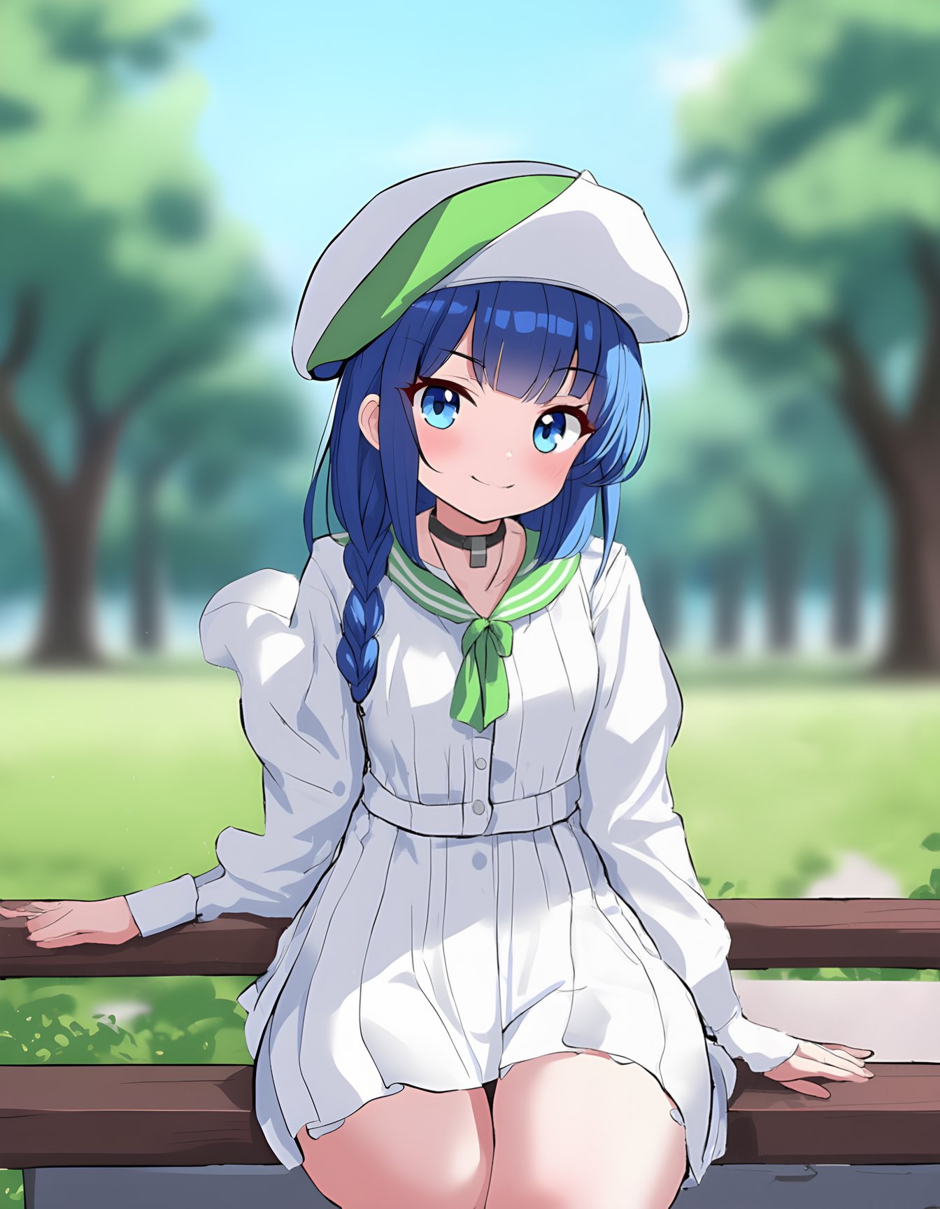 1girl, long hair, looking at viewer, blush, smile, blue eyes, skirt, long sleeves, hat, holding, closed mouth, sitting, blue hair, braid, outdoors, pleated skirt, choker, day, virtual youtuber, puffy sleeves, hand up, sailor collar, blurry, tree, neckerchief, thigh strap, blurry background, depth of field, beret, white skirt, cardigan, puffy long sleeves, white sailor collar, green headwear, fins, bench, head fins ,