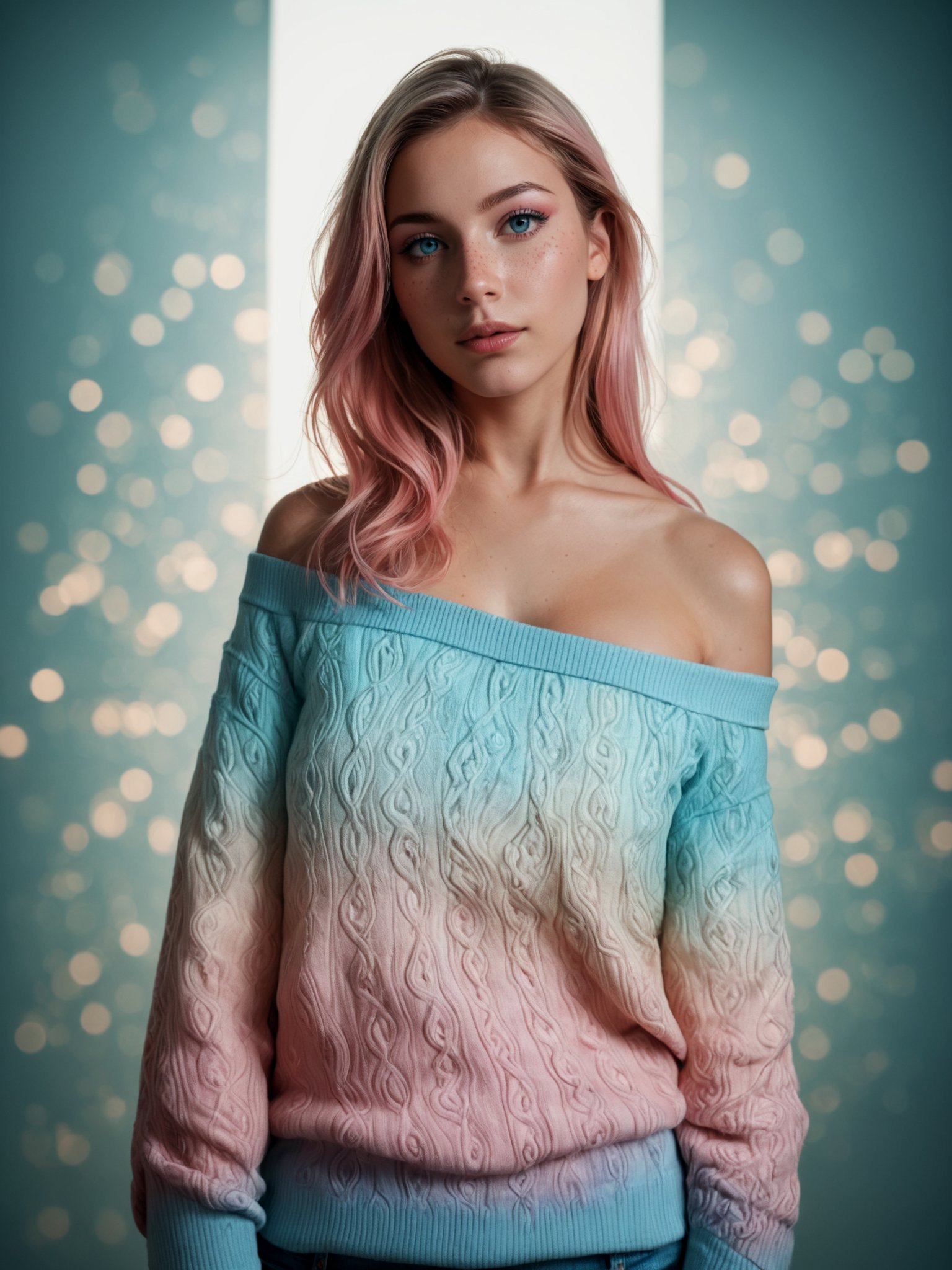 score_9, score_8_up, score_7_up, realistic lighting, photo, photorealistic, 1girl, mysterious girl with freckles, an exotic girl in off-shoulder sweater, fading backlit background, pastel colors, alluring goddess, amazing depth, double exposure, surreal, geometric patterns, intricately detailed, bokeh, perfect balanced, deep fine borders, artistic photorealism, smooth