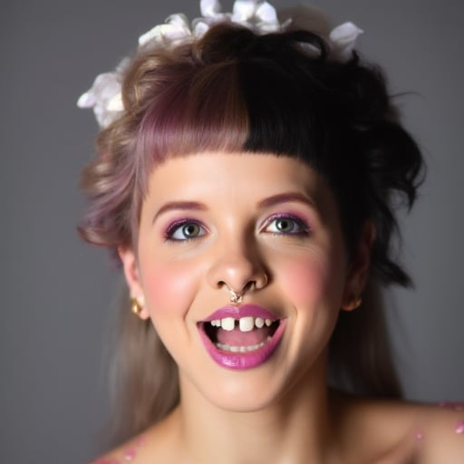 looking away, motor vehicle, blinds, blue eyes, black background, hair flower, colored skin, tail, chocolate, crown, grey background, still life, tongue piercing, black nails, purple lips, panties, window, thighs, ear piercing, white border, bloomers