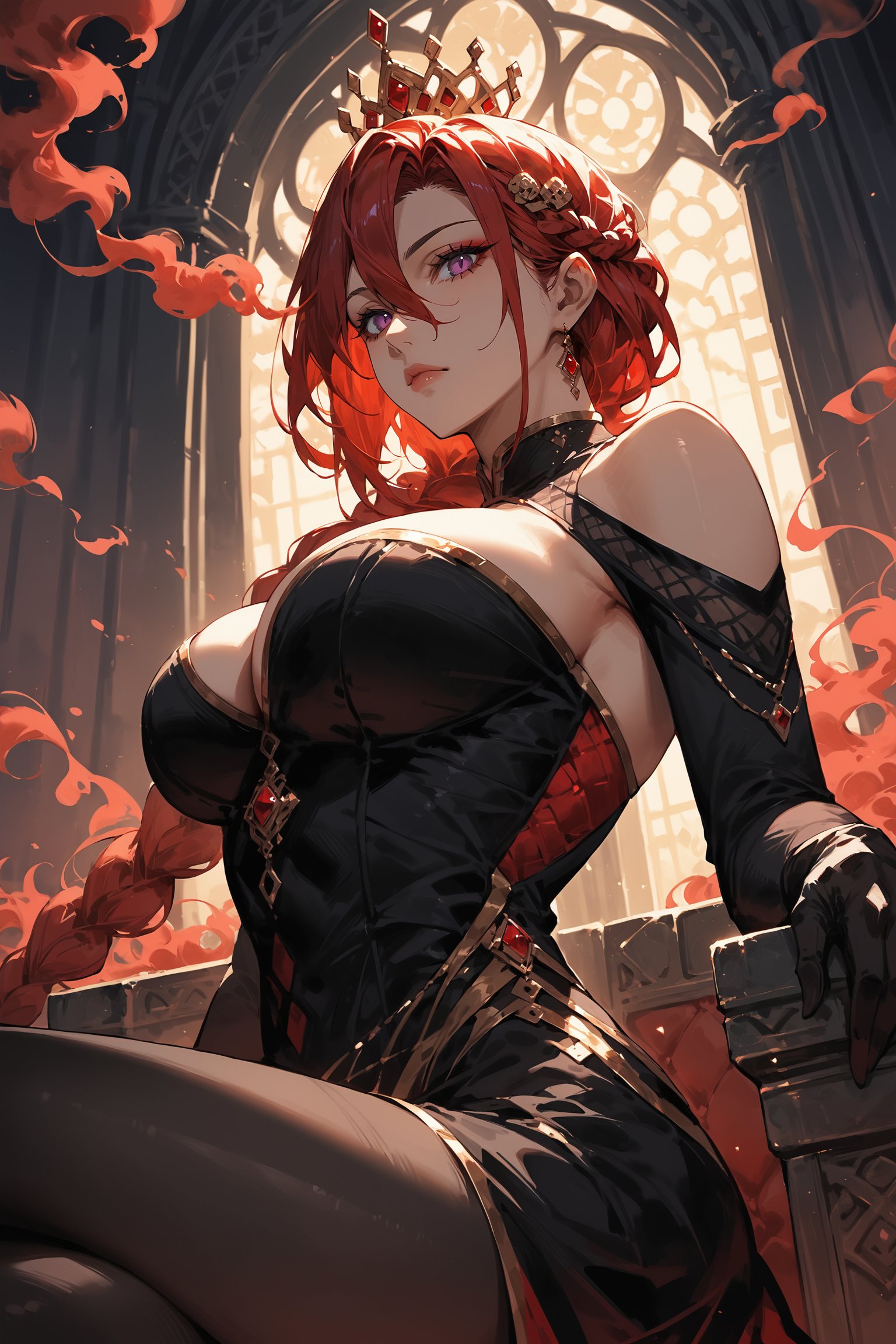 score_9, score_8_up, score_7_up, rating_safe, source_anime, detailed illustration, 8K UHD, ((from below, from side:1.4)), ((the red queen)), 1girl, solo, looking at viewer, red hair, single braided hair, hair over shoulder, ((hair between eyes)), purple eyes, big breasts, closed mouth, ((expressionless)), bare shoulder, black dress, intricate dress, red jewelry, royal dress, side cut dress, black arms sleeve, ((black pantyhose, black gloves)), cleavage cutout, sitting on throne, crossed legs, throne, dark background, overhead lighting, fantasy themed, depth of field, ((red smoke swirls around her:1.4))