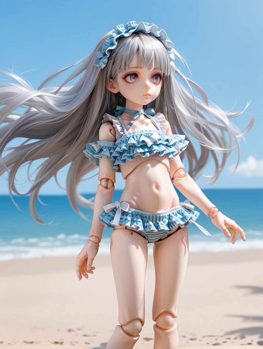 score_9, score_8_up, score_7_up,doll,joints, 1girl,very long hair, silver hair, frilled swimsuit, beach,  