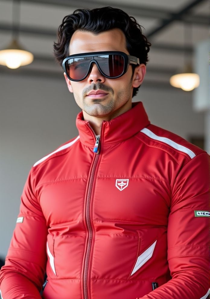 Joe Jonas ,  Hi-res photo. He wears futuristic electronic glasses. He is wearing a light red,  close fitting flight suit m...