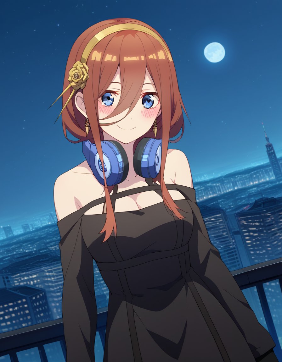 score_9, score_8_up, score_7_up, source_anime, mikunakano, <lora:miku-nakano-s2-ponyxl-lora-nochekaiser:1>, miku nakano, long hair, bangs, blue eyes, brown hair, hair between eyes, headphones, headphones around neck,, <lora:yor-briar-cosplay-ponyxl-lora-nochekaiser:1>, yorbriarcosplay, yor briar \(cosplay\), bare shoulders, black dress, black gloves, cleavage, dress, earrings, gloves, gold earrings, hair ornament, hair band, jewelry, bare shoulders, collarbone, fingerless gloves, thighhighs, black thighhighs,, cityscape, night, moon, blush, smile,, cowboy shot, dutch angle, solo,