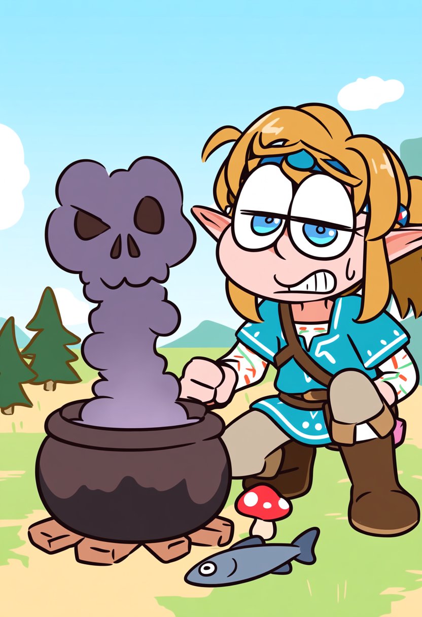 @Simichap. A humorous cartoon illustration depicts a young hero character crouching beside a small round cooking pot at th...