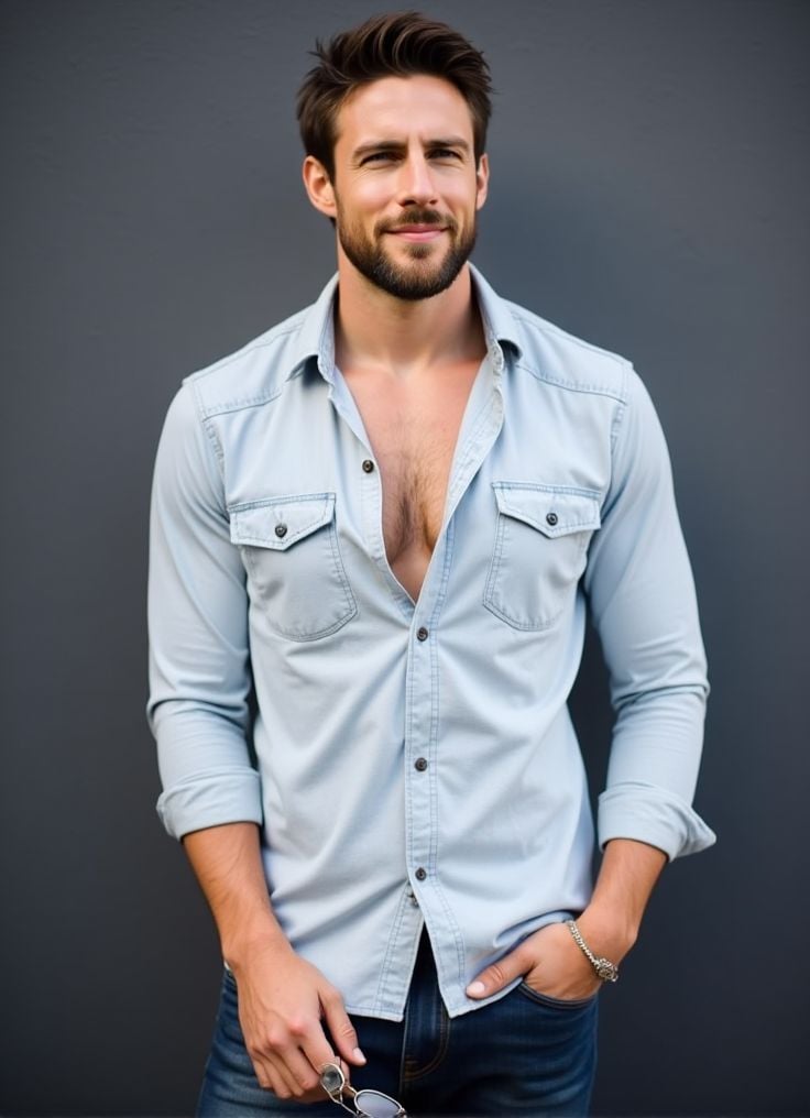 Shaun Hampson ,  stands confidently in front of a dark gray wall. He wears a light denim shirt,  unbuttoned at the top by...