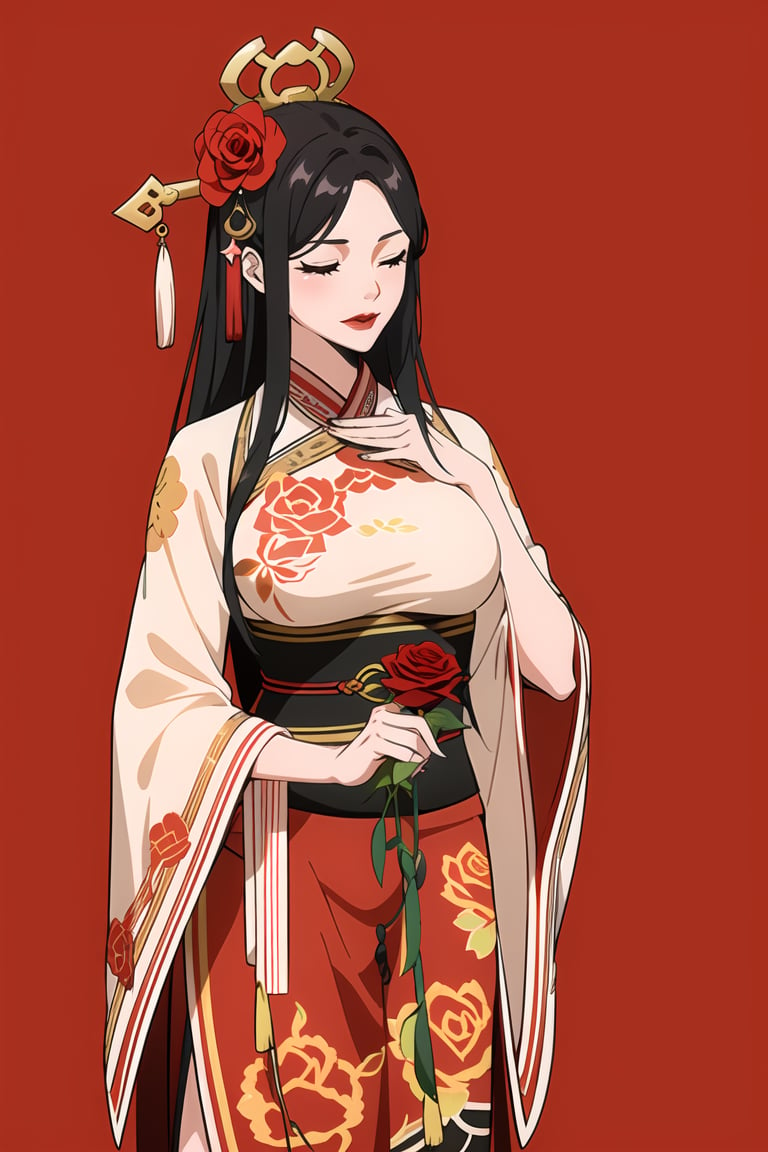 1girl,Hanfu Ru Skirt 1girl black hair,chinese clothes closed eyes flower holding holding flower lips lipstick makeup red flower red lips red rose rose solo,big breasts,red_background,