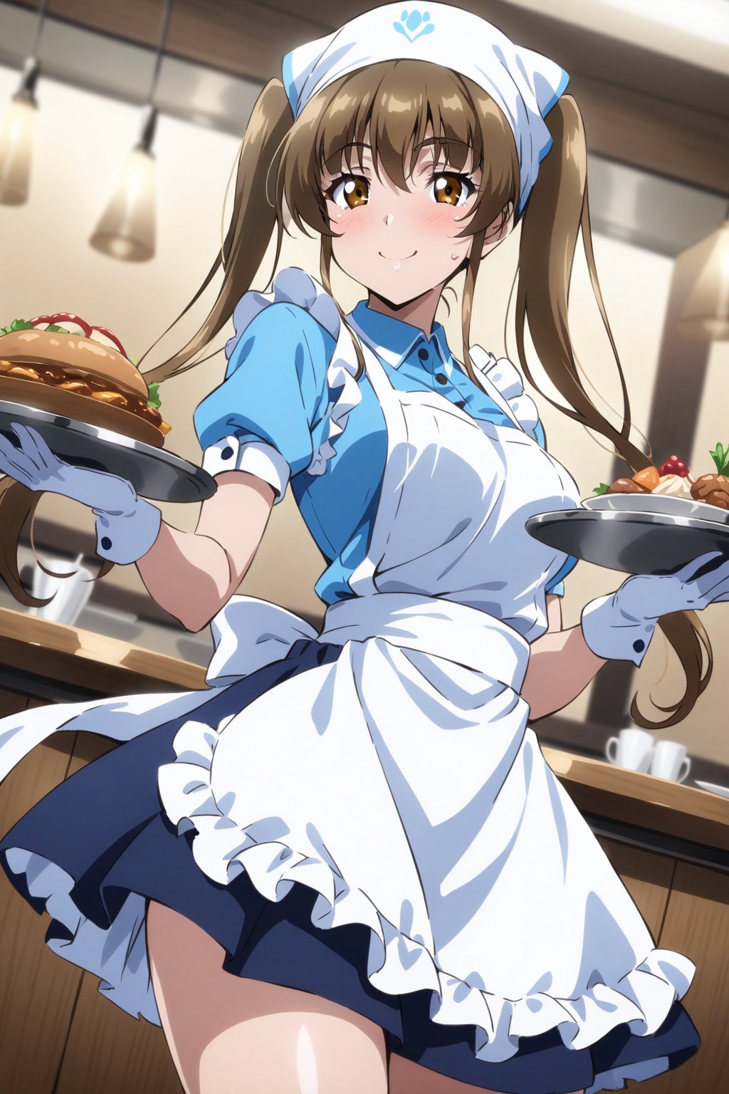 cowboy shot, sunohara shizuka,sunohara shizuka,1girl, solo, sidelocks, twintails, smile, apron, blue shirt, blue skirt, frilled apron, frills, gloves, head scarf, shirt, short sleeves, skirt, uniform, waist apron, waitress, white apron, white gloves, food, tray, food tray, indoors, restaurant, looking at viewer, dutch angle, cowboy shot, dynamic pose,masterpiece, perfect face, best quality, beautiful girl, blurry background, cute girl, beautiful eyes, shiny eyes, absurdres,<lora:sunohara shizuka anim 721:1>