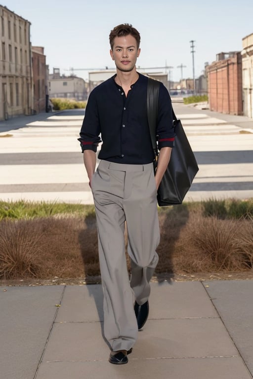 ParisM2Fashion, 1boy, solo, male focus, red shirt, white background, simple background, hand in pocket, pants, bag, male focus, grey shirt, looking at viewer, brown pants, walking, shoulder bag, standing, black hair, shoes, brown hair, parted lips,outdoors,street, bigbuildings  in the background, , <lora:SD1.5_ParisM2Fashion.v2.0:0.8>