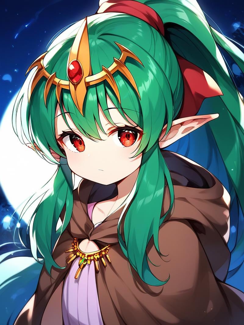 score_9, score_8_up, score_7_up, source_anime, rating_explicit, BREAK  <lora:Tiki_FE_XL:1>  Tiki, pointy ears, long hair, green hair, ponytail, tiara,  flat chest, hair ribbon, very long hair, short stack,red eyes, stone, solo, brown hood, hood up, jewelry,  closed mouth, cloak, gem, upper body, dress, hair ornament, hooded cloak, bracellooking at viewer, night, 