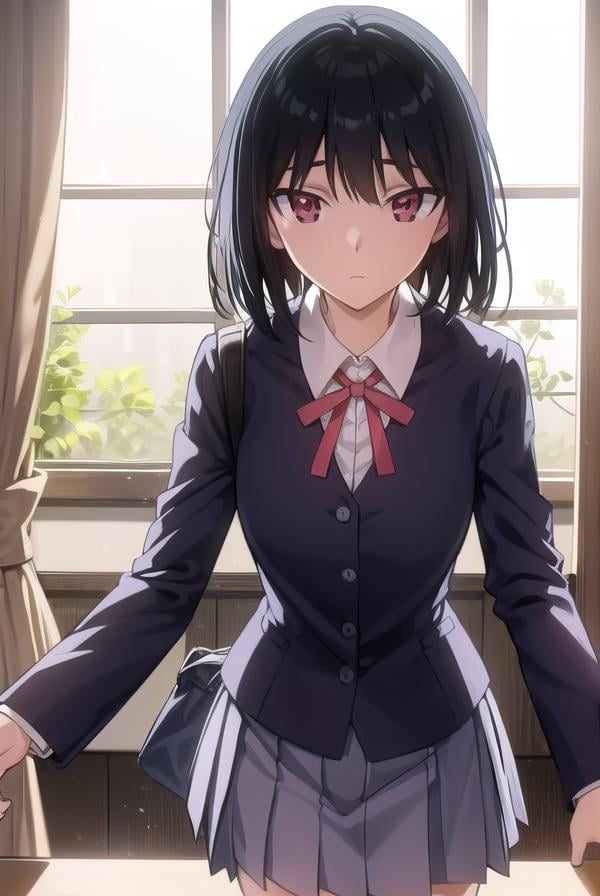 yakumotsukamoto, <lora:yakumo tsukamoto s2-lora-nochekaiser:1>,yakumo tsukamoto, short hair, black hair, (red eyes:1.3),BREAK skirt, shirt, long sleeves, bow, ribbon, school uniform, white shirt, pleated skirt, collared shirt, bowtie, red ribbon, neck ribbon, red skirt,BREAK indoors, classroom,BREAK looking at viewer, (cowboy shot:1.5),BREAK <lyco:GoodHands-beta2:1>, (masterpiece:1.2), best quality, high resolution, unity 8k wallpaper, (illustration:0.8), (beautiful detailed eyes:1.6), extremely detailed face, perfect lighting, extremely detailed CG, (perfect hands, perfect anatomy),