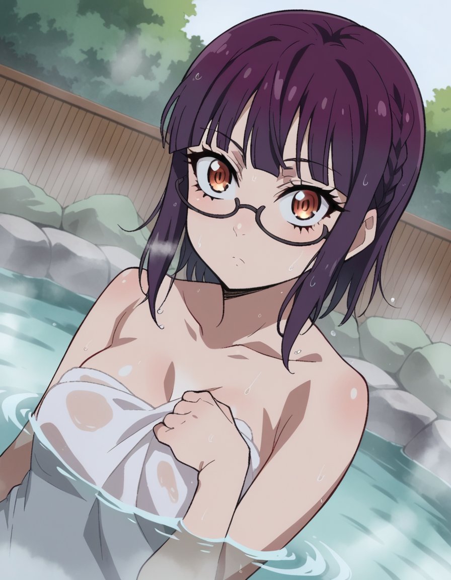 score_9, score_8_up, score_7_up, source_anime,sumikafujimiya, <lora:sumika-fujimiya-s1-ponyxl-lora-nochekaiser:1>,sumika fujimiya, brown eyes, purple hair, braid, glasses, semi-rimless eyewear, under-rim eyewear,nude, naked, outdoors, onsen, towel, naked towel, steam, bathing, nude cover, partially submerged, water, bath, steam censor, wet towel,looking at viewer, dutch angle,