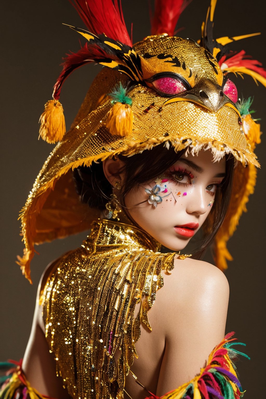 masterpiece,best quality,ultra high res,1girl,colorful tashan makeup,upper body,flash,<lora:20240401caizhuang-v1.2:0.8>,Camel Spider headdress,Back lighting,Velvet,Tilt-Shift,