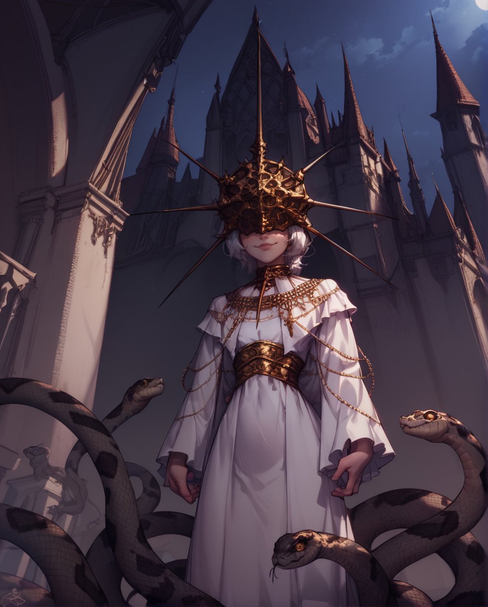 score_9,score_8_up,score_7_up,score_6_up,Gwyndolin,white hair,flat chest,gold mask,covered eyes,gold jewelry,white dress,long sleeves,light smile,cathedral,moonlight,  night, standing,    from below,  snake legs,   <lora:Gwyndolin:1>,