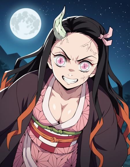 score_9, score_8_up, score_7_up, source_anime,nezukokamado, <lora:nezuko-kamado-anime-ponyxl-lora-nochekaiser:1>,nezuko kamado, black hair, forehead, hair ribbon, long hair, multicolored hair, pink eyes, orange hair, slit pupils, wavy hair, two-tone hair,cleavage, japanese clothes, horns, kimono, sash, obi, demon girl, angry, single horn, veins, pink kimono, cracked skin, checkered sash, tattoo,outdoors, night, landscape, moon, starry sky, bent over, smile,solo, dutch angle, looking at viewer, cowboy shot,