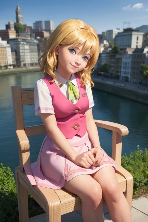 1girl, sxhelen, blonde hair, medium hair, blue eyes, skirt, city, sitting, smile <lora:sonicx_helen:0.7>