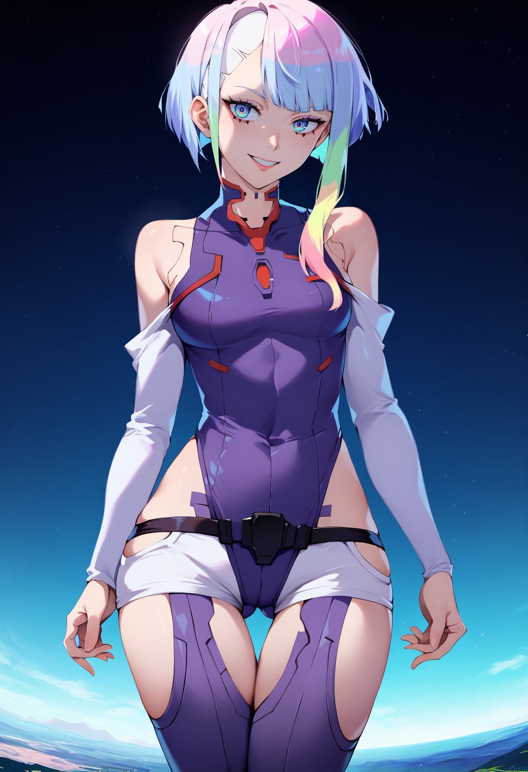 score_9, score_8_up, score_7_up, score_6_up, source anime, BREAK1girl, solo, lucy \(cyberpunk\), cyberpunk \(series\), asymmetrical hair, short hair, multicolored hair, blue eyes, eyeliner, eyeshadow, makeup, bare shoulders, portrait, looking at viewer, cyberpunk, hlpr, futuristic, full body, ass visible through thighs, grin,<lora:cyberpunk_lucy:1>