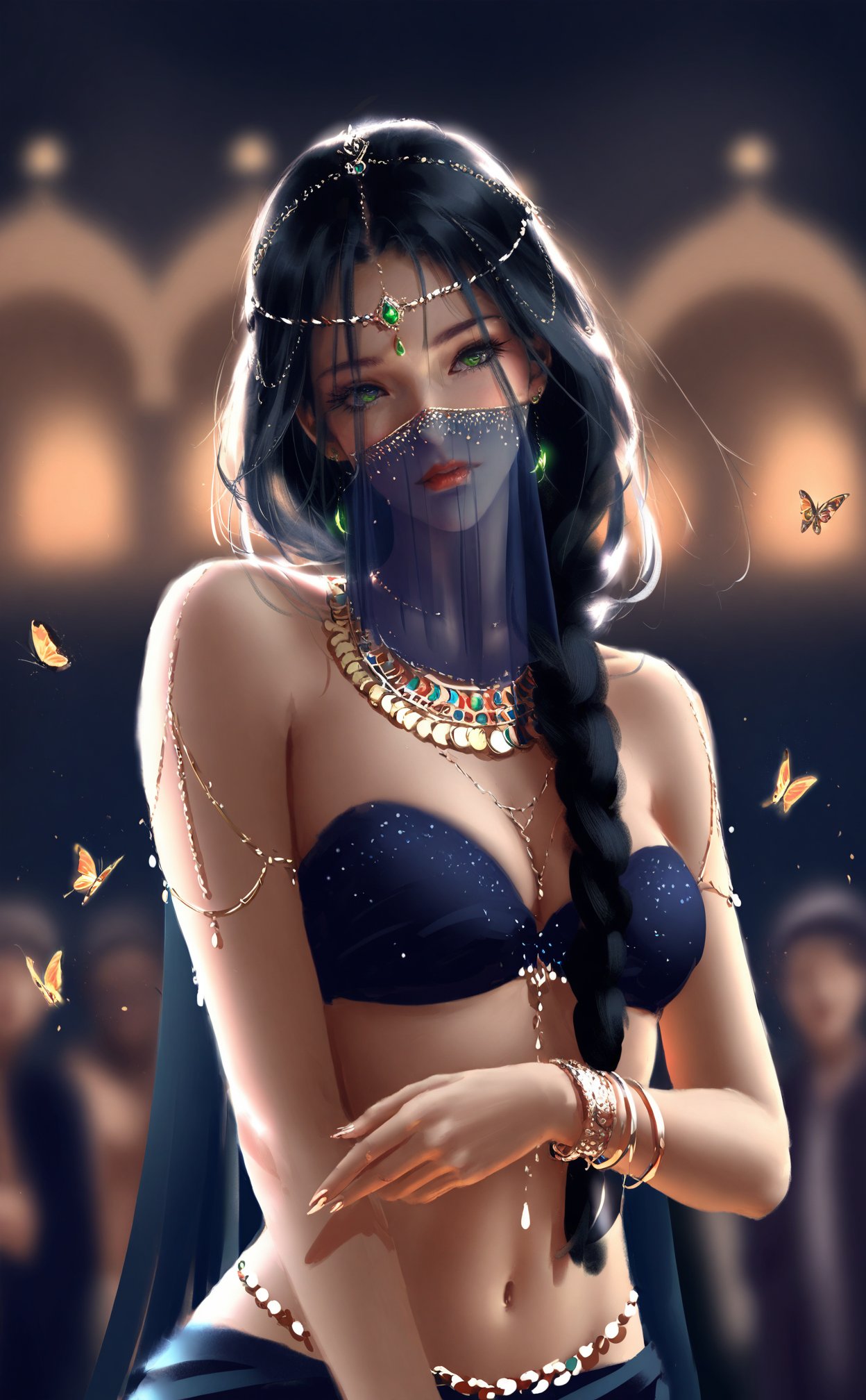 masterpiece,best quality,high quality,artist wlop,1girl,mouth veil,jewelry,veil,black hair,green eyes,long hair,solo,braid,necklace,circlet,arabian clothes,blurry,bracelet,looking at viewer,head chain,earrings,blurry background,upper body,dancer,breasts,bandeau,bug,harem outfit,bokeh,head tilt,butterfly,lips,see-through,depth of field,hair over shoulder,single braid,strapless,navel,