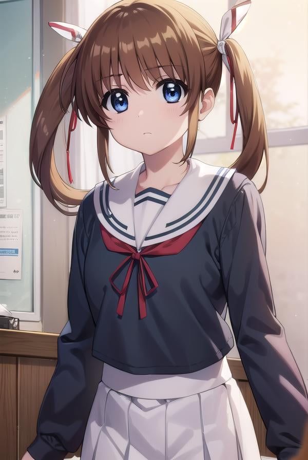 nanohatakamachi, <lora:nanoha takamachi movie2-lora-nochekaiser:1>,nanoha takamachi, takamachi nanoha, brown hair, twintails, blue eyes,BREAK long sleeves, ribbon, school uniform, serafuku, long sleeves, red ribbon, white sailor collar,BREAK indoors, classroom,BREAK looking at viewer, (cowboy shot:1.5),BREAK <lyco:GoodHands-beta2:1>, (masterpiece:1.2), best quality, high resolution, unity 8k wallpaper, (illustration:0.8), (beautiful detailed eyes:1.6), extremely detailed face, perfect lighting, extremely detailed CG, (perfect hands, perfect anatomy),