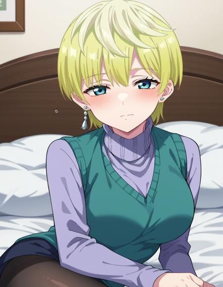 score_9, score_8_up, score_7_up, source_anime,tenkaizumo, <lora:tenka-izumo-s1-ponyxl-lora-nochekaiser:1>tenka izumo, short hair, blue eyes, blonde hair,skirt, long sleeves, jewelry, pantyhose, earrings, vest, sweater, turtleneck, turtleneck sweater,indoors, bed, bed room, on side, blush, drunk,looking at viewer, cowboy shot, dutch angle, solo,