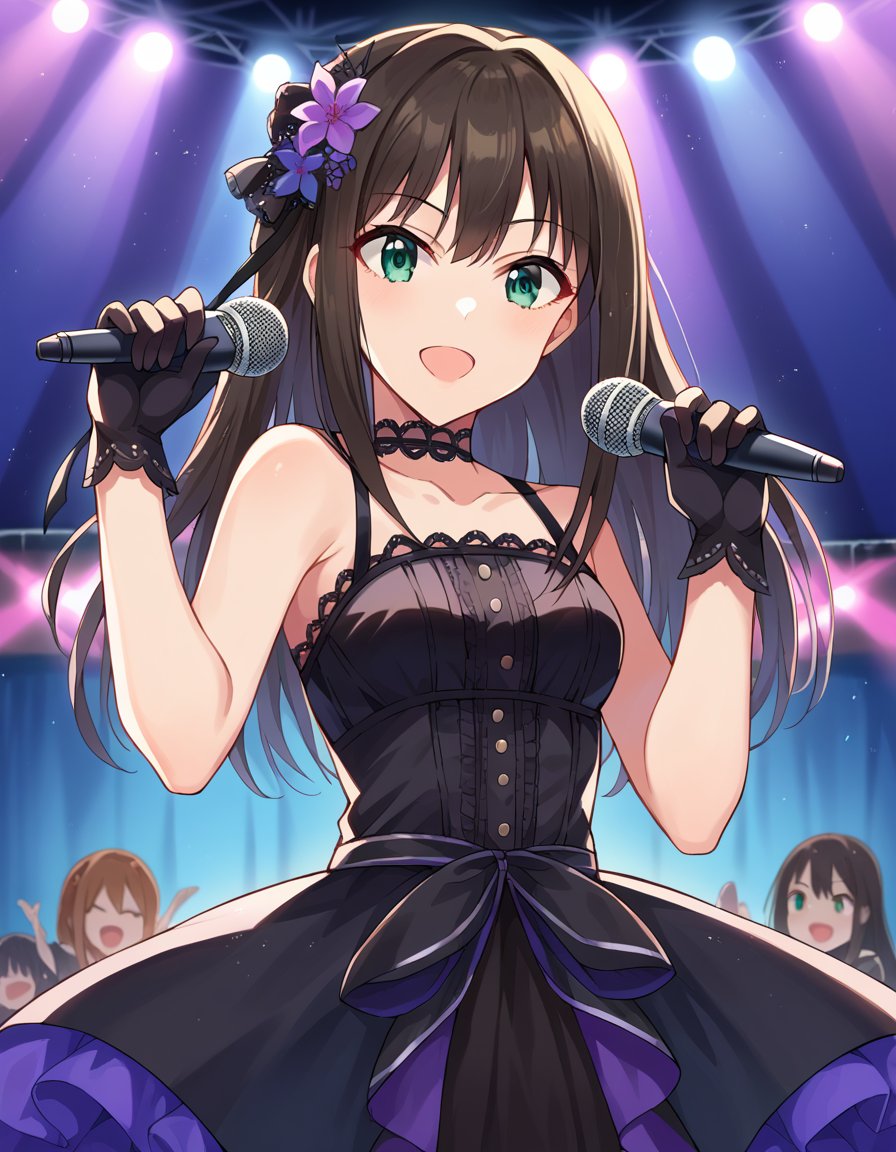 score_9, score_8_up, score_7_up, source_anime,rinshibuya, <lora:rin-shibuya-ponyxl-lora-nochekaiser:1>,rin shibuya, black hair, green eyes, long hair,black gloves, black gothic dress \(idolmaster\), black ribbon, black shirt, choker, collarbone, gloves, hair flower, hair ornament, hair ribbon, idol, purple flower, ribbon, shirt, sleeveless, sleeveless shirt,indoors, stage, stage lights, concert, audience, holding microphone, microphone, singing,looking at viewer, dutch angle, cowboy shot,