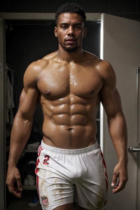 Hyperrealistic art male black footballer in a changing room after a football match,  sweaty,  dirty football clothes . Ext...