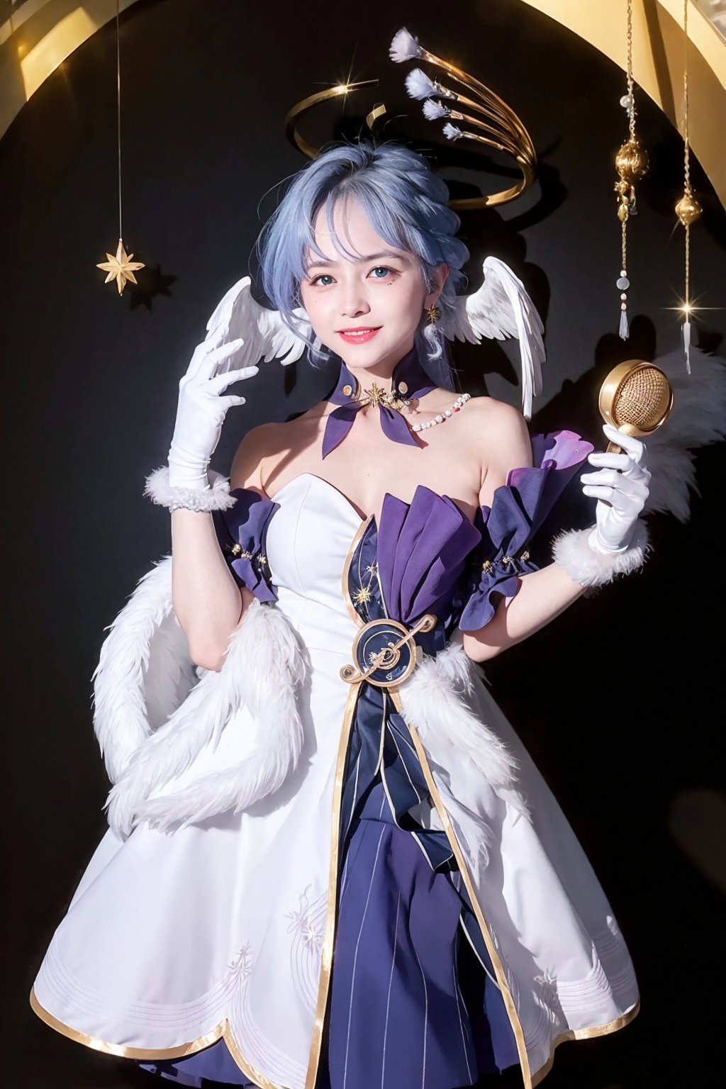 masterpiece, best quality, (photoshop \(medium\):1.2),<lora:robin:1>,1girl, gloves, microphone, solo, dress, long hair, wings, jewelry, breasts, white gloves, earrings, looking at viewer, virtual youtuber, feathered wings, halo, feathers, holding, white hair, bare shoulders, smile, angel wings, white wings, blue eyes, white dress, microphone stand, crescent, holding microphone, bangs, medium breasts, blue hair,