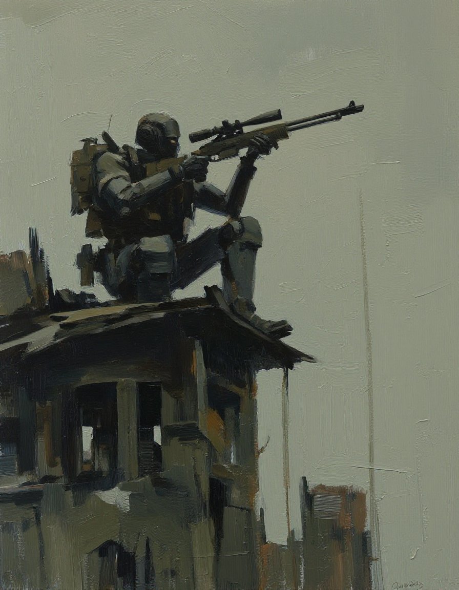 z_ashley_wood,  A sniper robot perched on a ruined building,  long barrel rifle by inknoir on Tensor.Art