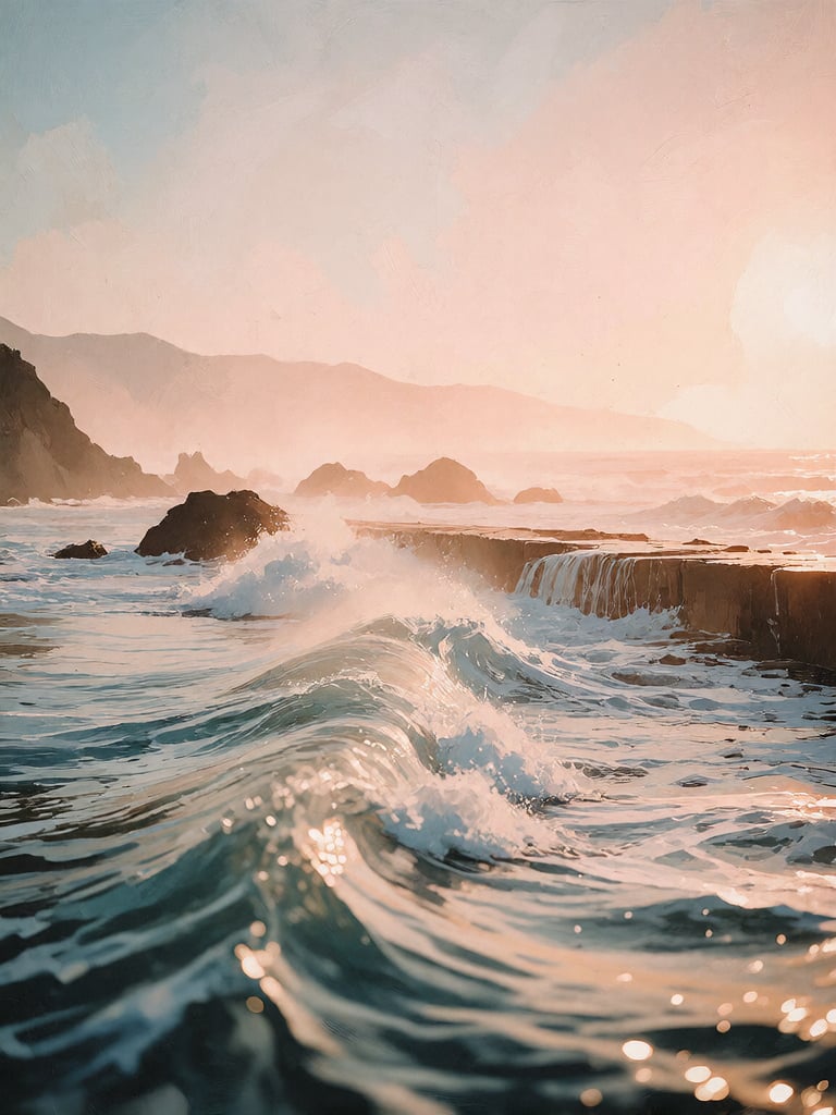Bradhamel art style. A serene coastal scene at golden hour with soft,  diffused light casting a warm peach and pale blue h...