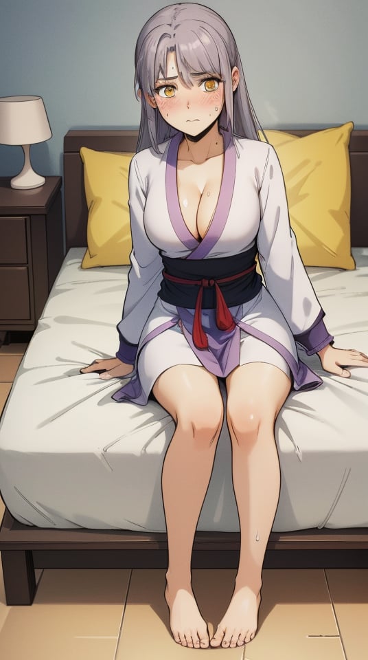 (masterpiece, best quality),ray tracing,absurdres,HDR,Zhao Haitang, 1girl, solo, yellow eyes, closed mouth, sitting, pillow, blush, long hair, cleavage, sweat, grey hair, medium breasts, chinese clothes, bed, indoors, on bed, blanket, tissue box,looking at viewer,bare legs,barefoot,<lora:Zhao Haitang:0.8>