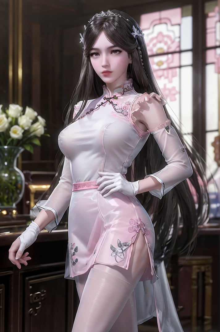 best quality,masterpiece,1girl,white transparent skirt,hair_ornament,flowers,gloves,(transparent pantyhose:1.1),indoor,flowers,huge breasts,<lora:宁荣荣 (4):0.6>,the perfect hand,long black hair,(pink  cheongsam:1.2),bar,standing,