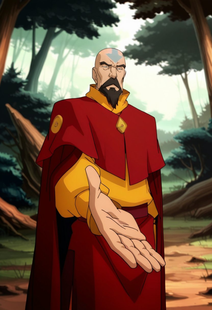 In the avatar TV animation style,  Tenzin,  bald by Altimater on Tensor.Art