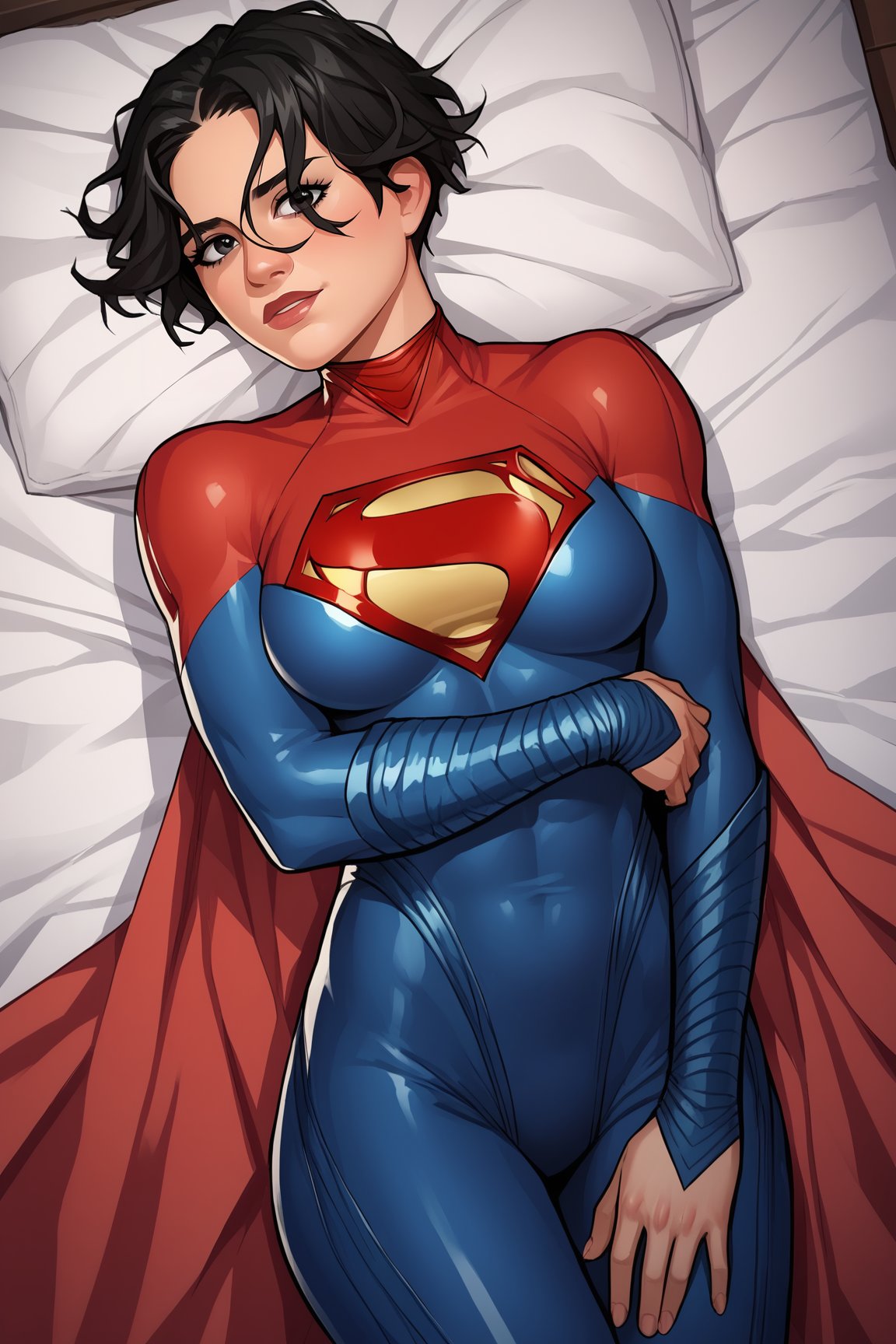 score_9, score_8_up, score_7_up, score_6_up, source_anime, BREAK, SupergirlTFXL, black eyes, black hair, short hair, curtain hair, medium breasts, superhero, red cape, bodysuit, red bodysuit, blue bodysuit, solo, lying on bed, looking at viewer, indoors <lora:SupergirlTFXL:1>