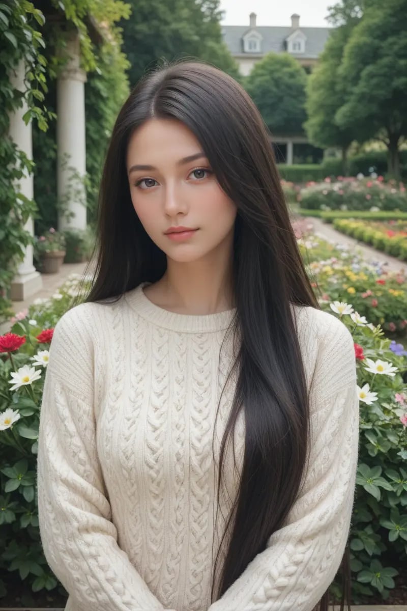 score_9,score_8_up,score_7_up,masterpiece, 20 years old, 8k, hd, beautiful girl, black hair, very long hair, straight hair,1girl, detailed face, beautiful woman's face, sweater, garden, full of flowers, looking at viewer, upper body, half body,