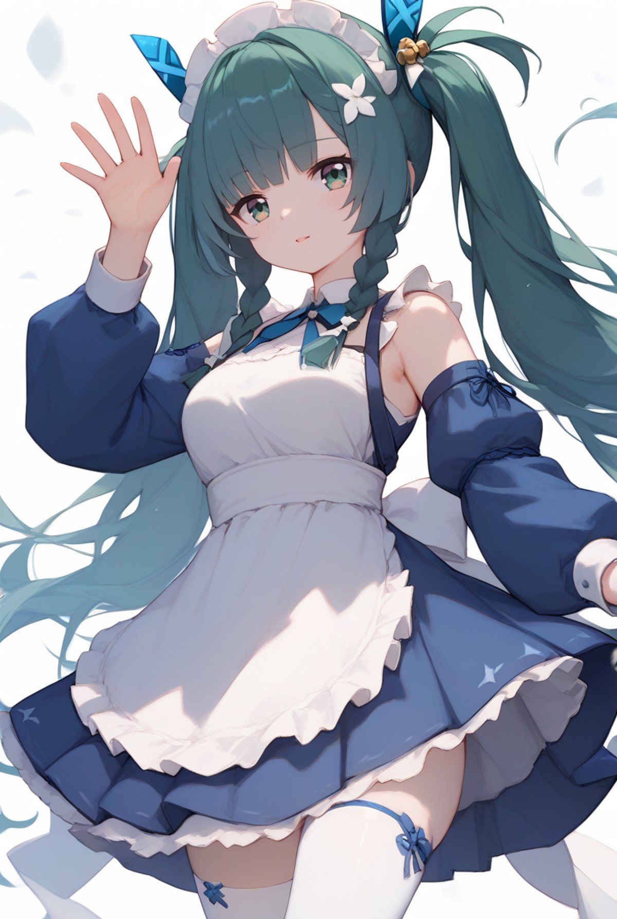 score_9,score_8_up,score_7_up,score_6_up,<lora:Zero_Qing yi_pony:0.8>,Zero_Qing yi,1girl,solo,green eyes,twintails,long hair,bangs,twin braids,green hair,side braided hair,bare shoulder,waving,maid uniform,white thighhighs,white_background,simple_background,