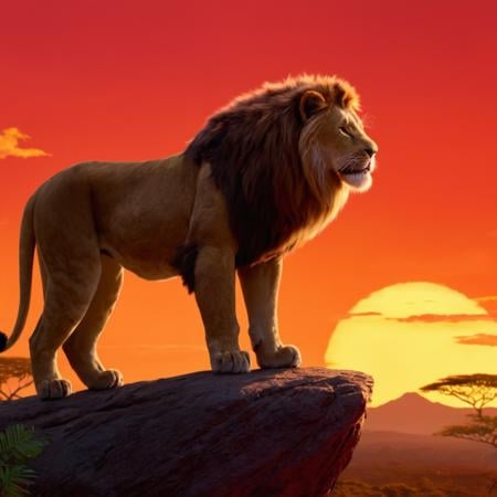 anime artwork of In the African jungle a villain lion standing on a rock in front of a red sky,  cartoon,  anime by user_7...